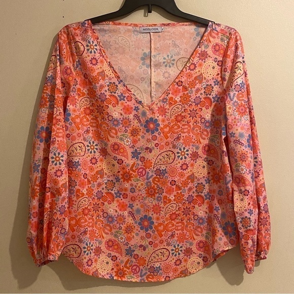 Misslook Boho Peace-Love Pattern Multicolor Floral Casual Top Women Size XL - Picture 1 of 11